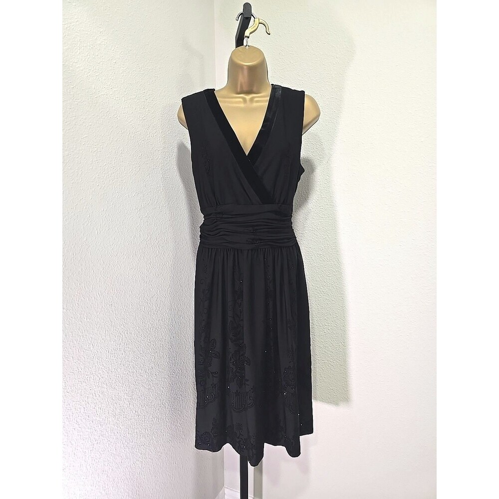 Black Cocktail Dress 12 Velvet Trim V Neck Sparkle Embroidered Sleeveless Whimsy